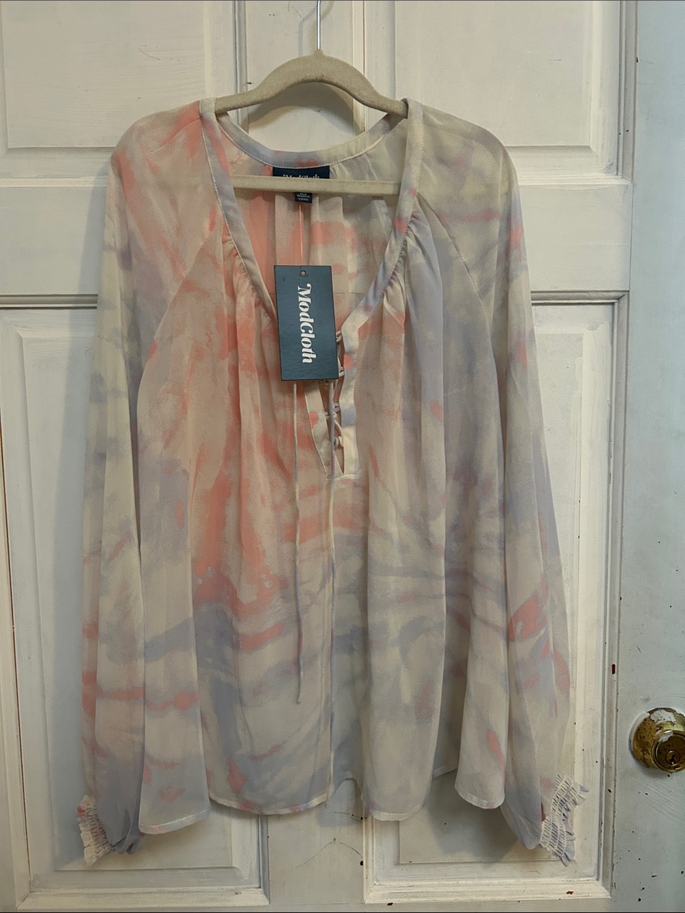 NWT ModCloth Women's Long-sleeve Sheer Marble-Print Blouse in Pink & Blue